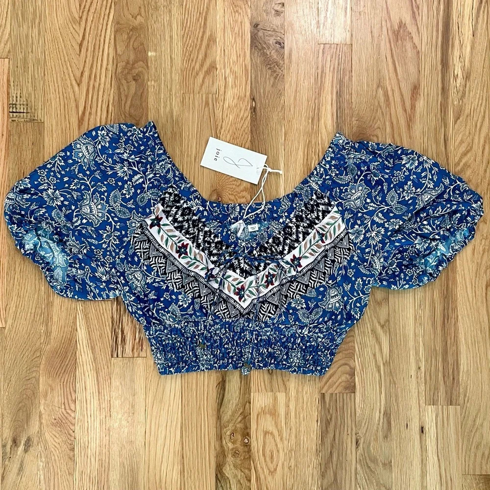 NWT Joie Floral Blue Paisley Crop Top Off Shoulder Puff Sleeves Size XS